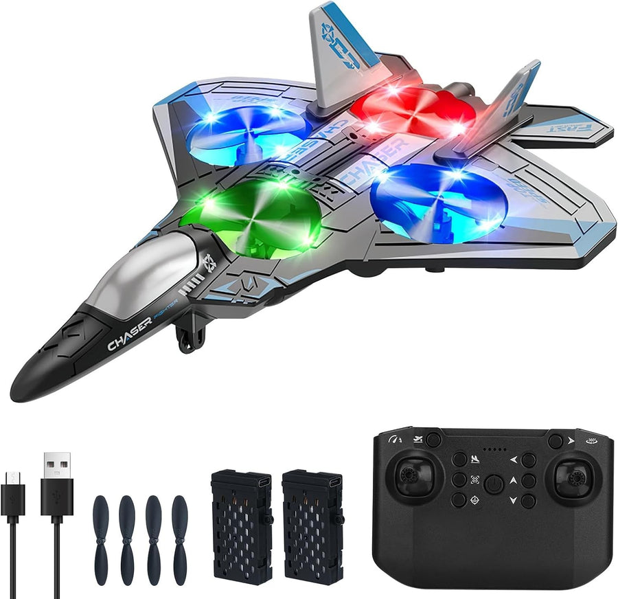 Foam RC Airplane Drone with Lights, 4 Motors, 360° Flips & 2 Batteries - Kwikley