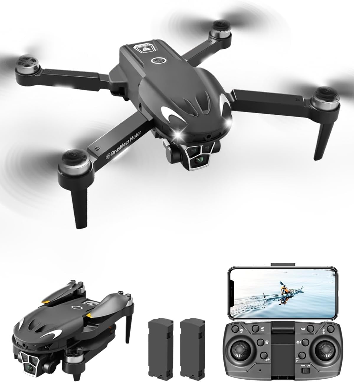 Foldable 1080P Dual Camera Drone with Zoom, Brushless Motor & 2 Batteries - Kwikley