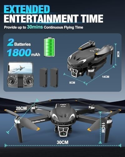 Foldable 1080P Dual Camera Drone with Zoom, Brushless Motor & 2 Batteries - Kwikley