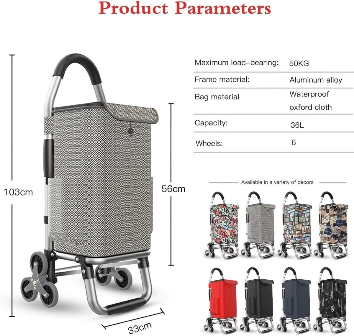 Foldable 2 - in - 1 Shopping Trolley 6 - Wheel Quiet Stair Climber Waterproof Cart - Kwikley