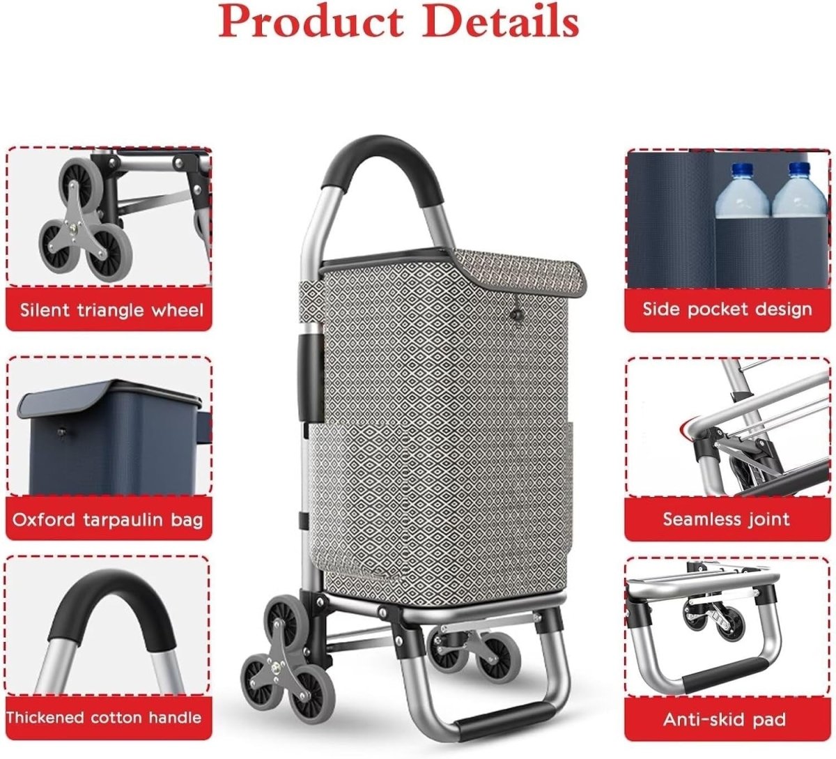 Foldable 2 - in - 1 Shopping Trolley 6 - Wheel Quiet Stair Climber Waterproof Cart - Kwikley