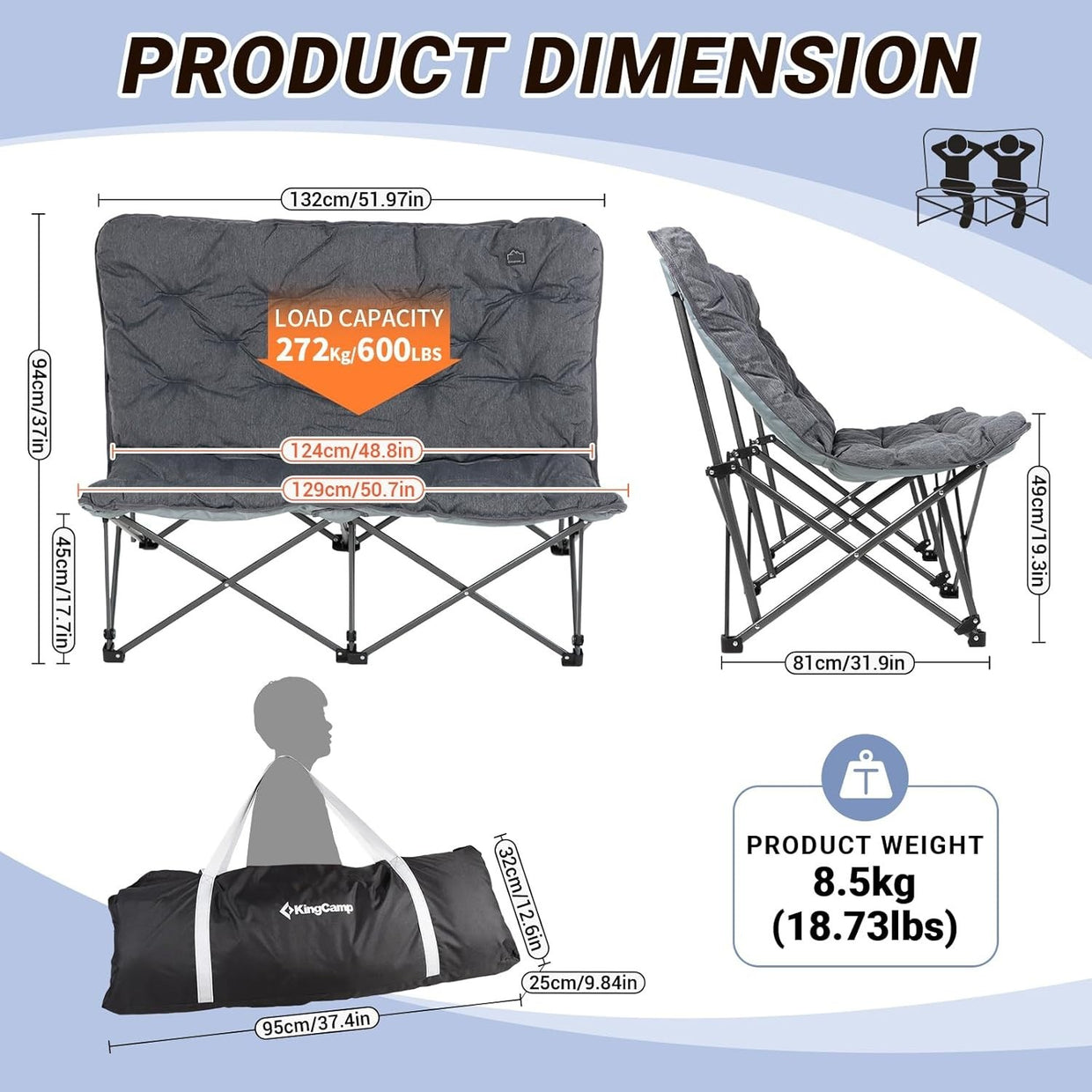 Foldable 2 Seater Padded Camping Sofa Chair Heavy Duty Outdoor Seat - Kwikley