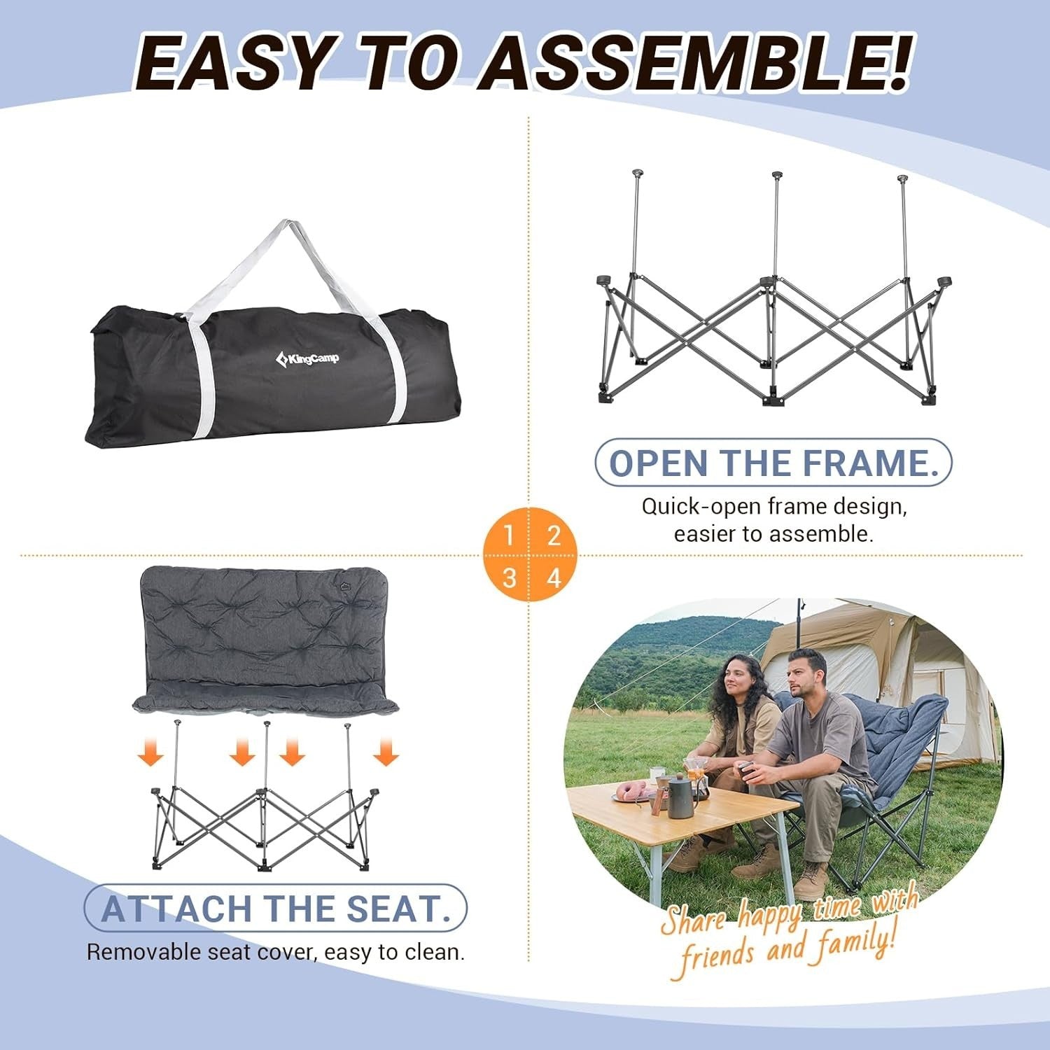 Foldable 2 Seater Padded Camping Sofa Chair Heavy Duty Outdoor Seat - Kwikley