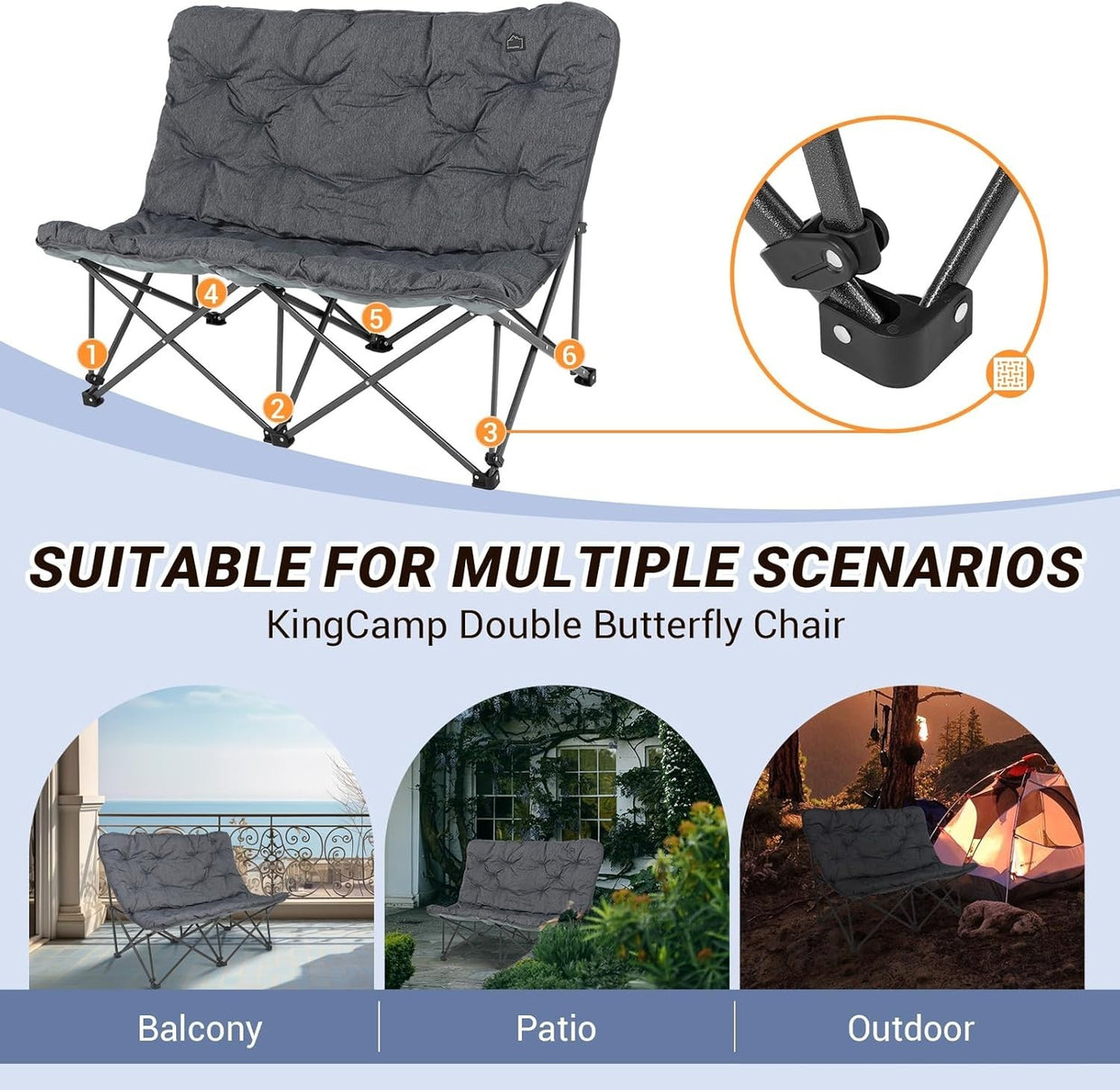 Foldable 2 Seater Padded Camping Sofa Chair Heavy Duty Outdoor Seat - Kwikley