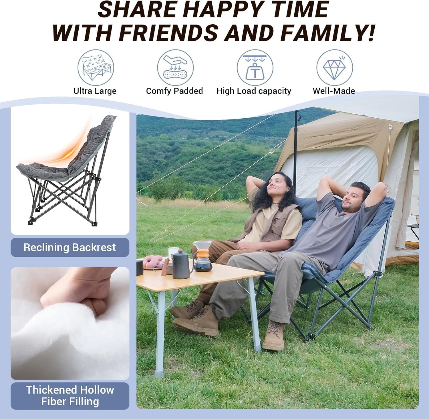Foldable 2 Seater Padded Camping Sofa Chair Heavy Duty Outdoor Seat - Kwikley