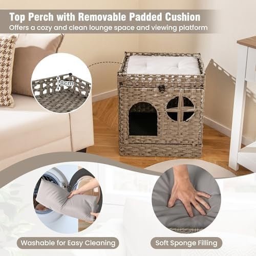 Foldable 2 - Tier Rattan Cat Litter Box with Cushion, Mat & Flip - Down Door - Kwikley