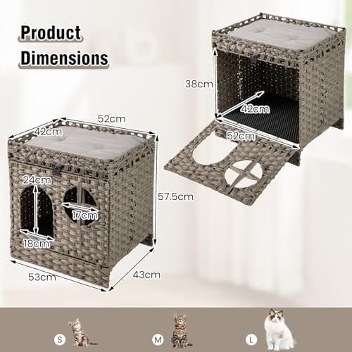 Foldable 2 - Tier Rattan Cat Litter Box with Cushion, Mat & Flip - Down Door - Kwikley