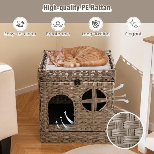 Foldable 2 - Tier Rattan Cat Litter Box with Cushion, Mat & Flip - Down Door - Kwikley