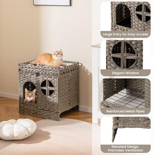 Foldable 2 - Tier Rattan Cat Litter Box with Cushion, Mat & Flip - Down Door - Kwikley