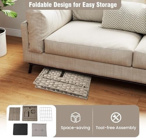 Foldable 2 - Tier Rattan Cat Litter Box with Cushion, Mat & Flip - Down Door - Kwikley
