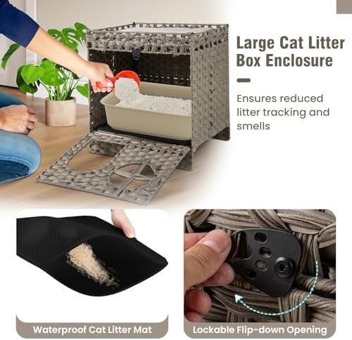 Foldable 2 - Tier Rattan Cat Litter Box with Cushion, Mat & Flip - Down Door - Kwikley