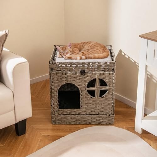 Foldable 2 - Tier Rattan Cat Litter Box with Cushion, Mat & Flip - Down Door - Kwikley