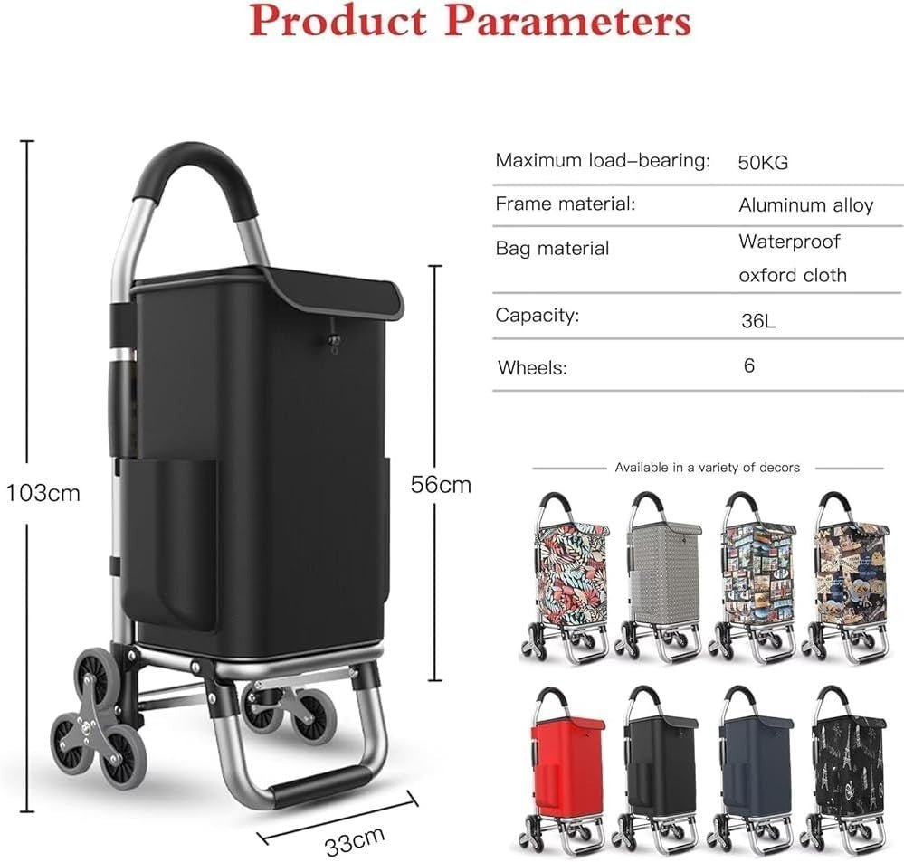 Foldable 3 - Wheel Stair Climber Shopping Cart 36L Silent Wheels 50kg - Kwikley