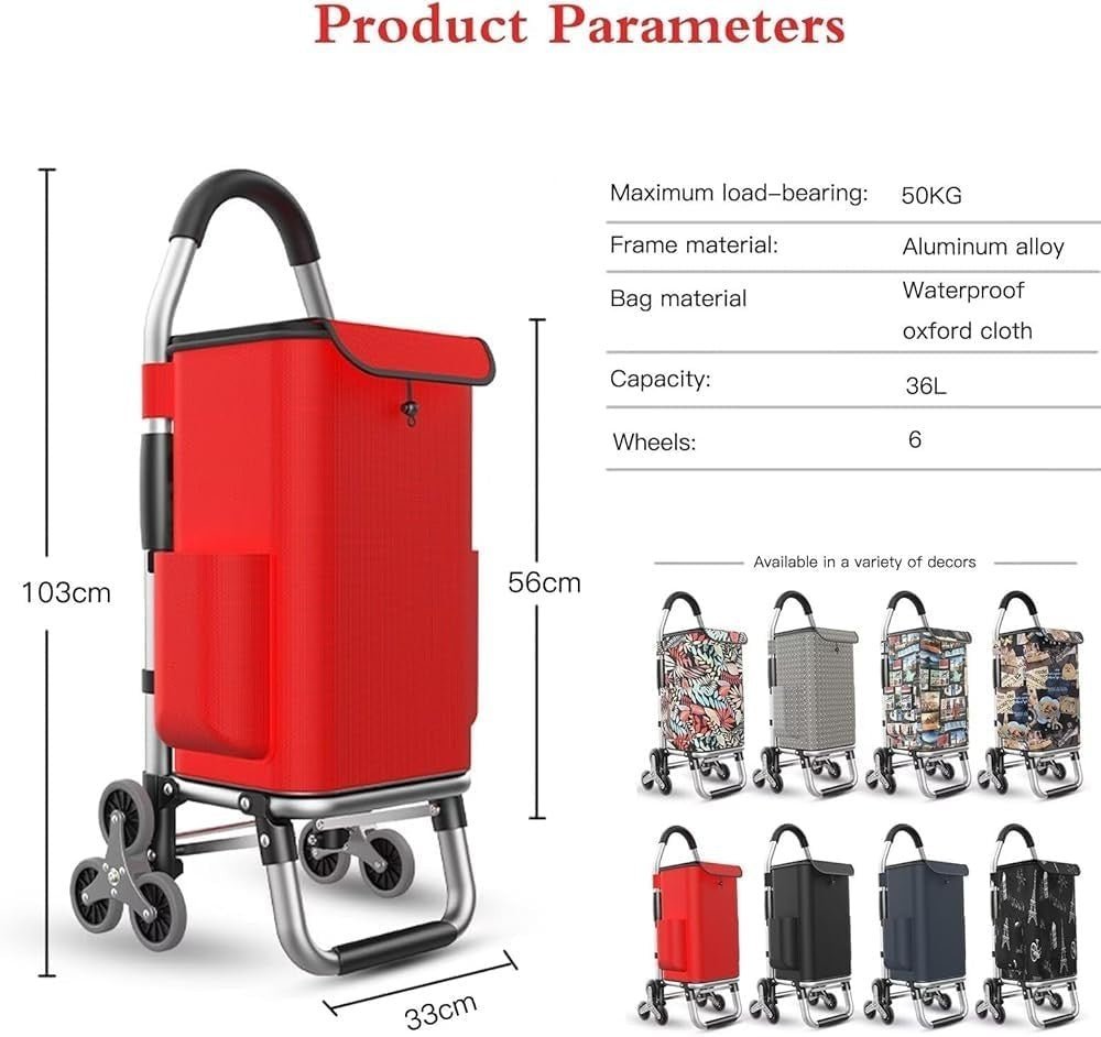 Foldable 3 - Wheel Stair Climber Shopping Cart 36L Silent Wheels 50kg Capacity - Kwikley