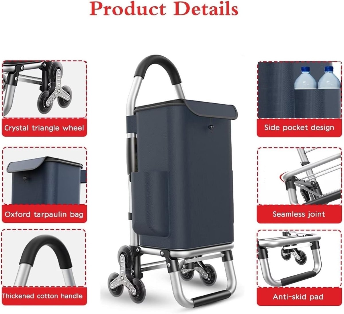 Foldable 6 - Wheel Shopping Trolley 36L Lightweight Aluminium Frame Navy Blue - Kwikley