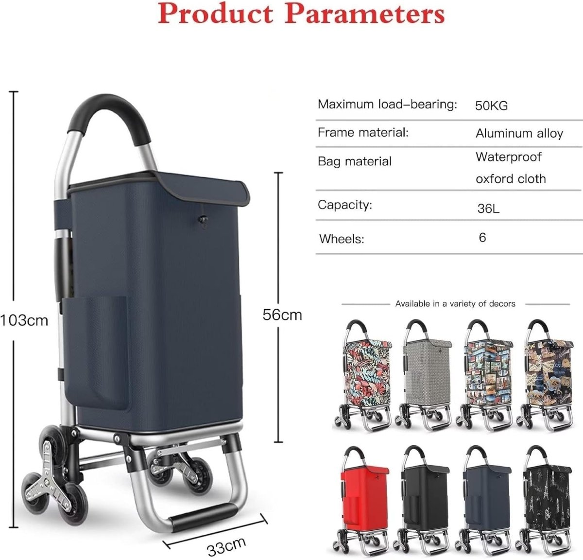 Foldable 6 - Wheel Shopping Trolley 36L Lightweight Aluminium Frame Navy Blue - Kwikley
