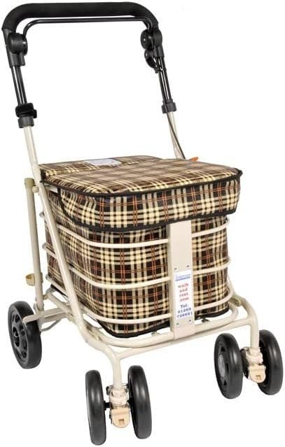 Foldable 6 - Wheel Shopping Trolley With Seat Handbrake Brown Check - Kwikley