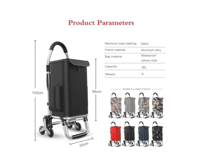 Foldable 6 - Wheel Stair Climber Shopping Cart 36L Waterproof Lightweight 50kg - Kwikley