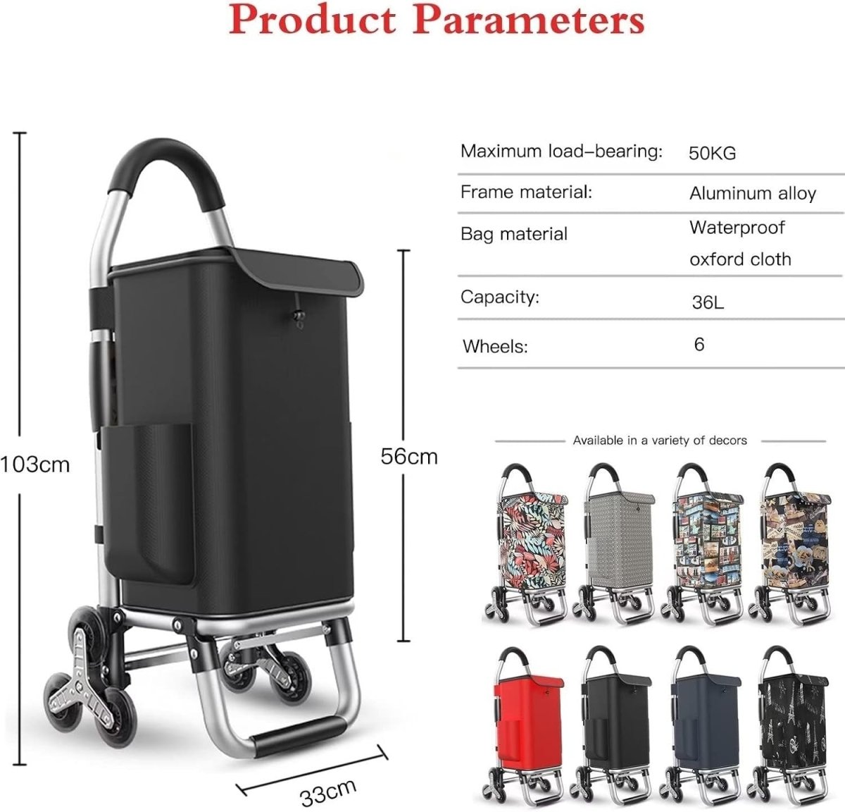 Foldable 6 - Wheel Stair Climber Shopping Trolley 36L Lightweight Aluminium - Kwikley