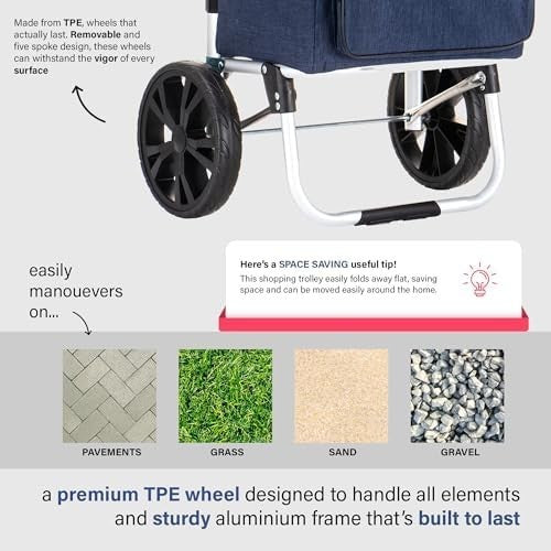 Foldable 64L Shopping Trolley Navy Blue Lightweight Cart with Wheels - Kwikley