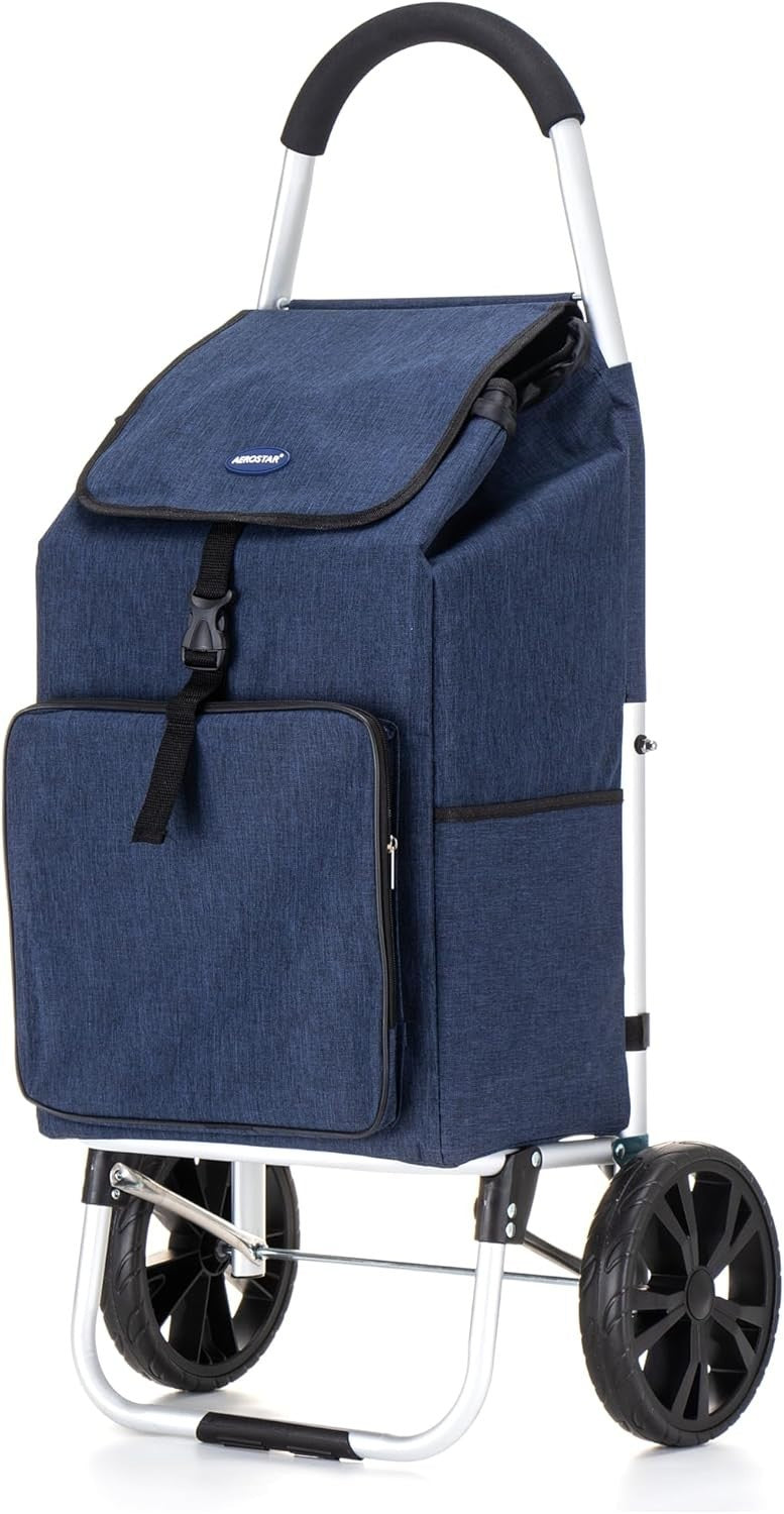 Foldable 64L Shopping Trolley Navy Blue Lightweight Cart with Wheels - Kwikley