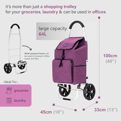 Foldable 64L Shopping Trolley Purple Lightweight Cart with Wheels - Kwikley