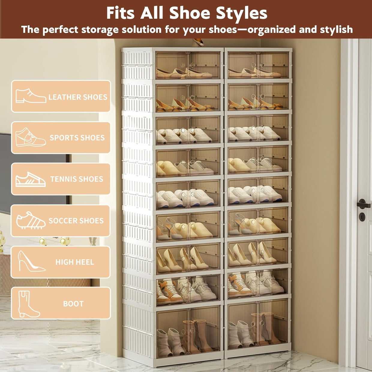 Foldable 9 Tier Shoe Storage Box on Wheels, Stackable, Holds 18 Pairs - Kwikley