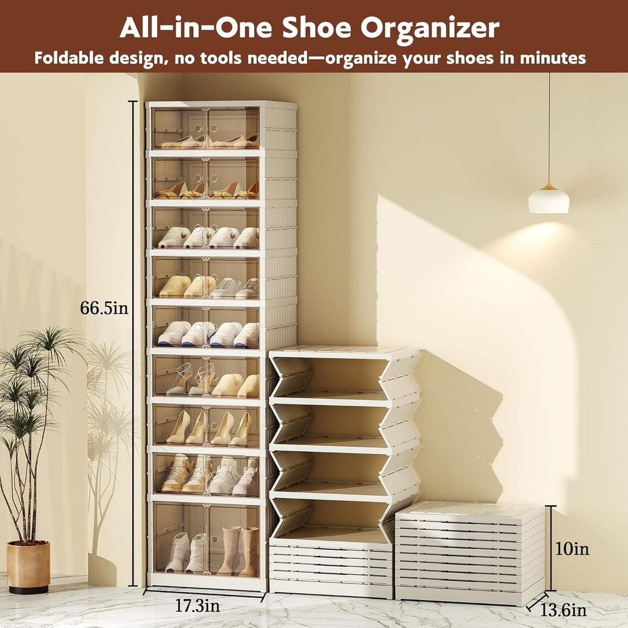 Foldable 9 Tier Shoe Storage Box on Wheels, Stackable, Holds 18 Pairs - Kwikley