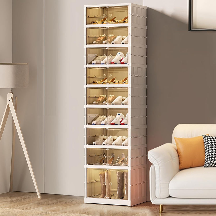 Foldable 9 Tier Shoe Storage Box on Wheels, Stackable, Holds 18 Pairs - Kwikley