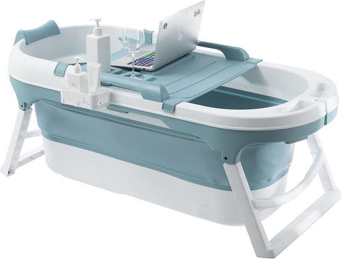 Foldable Adult Bathtub 138x64x54cm Blue Portable Spa Bath with Neck Pillow - Kwikley