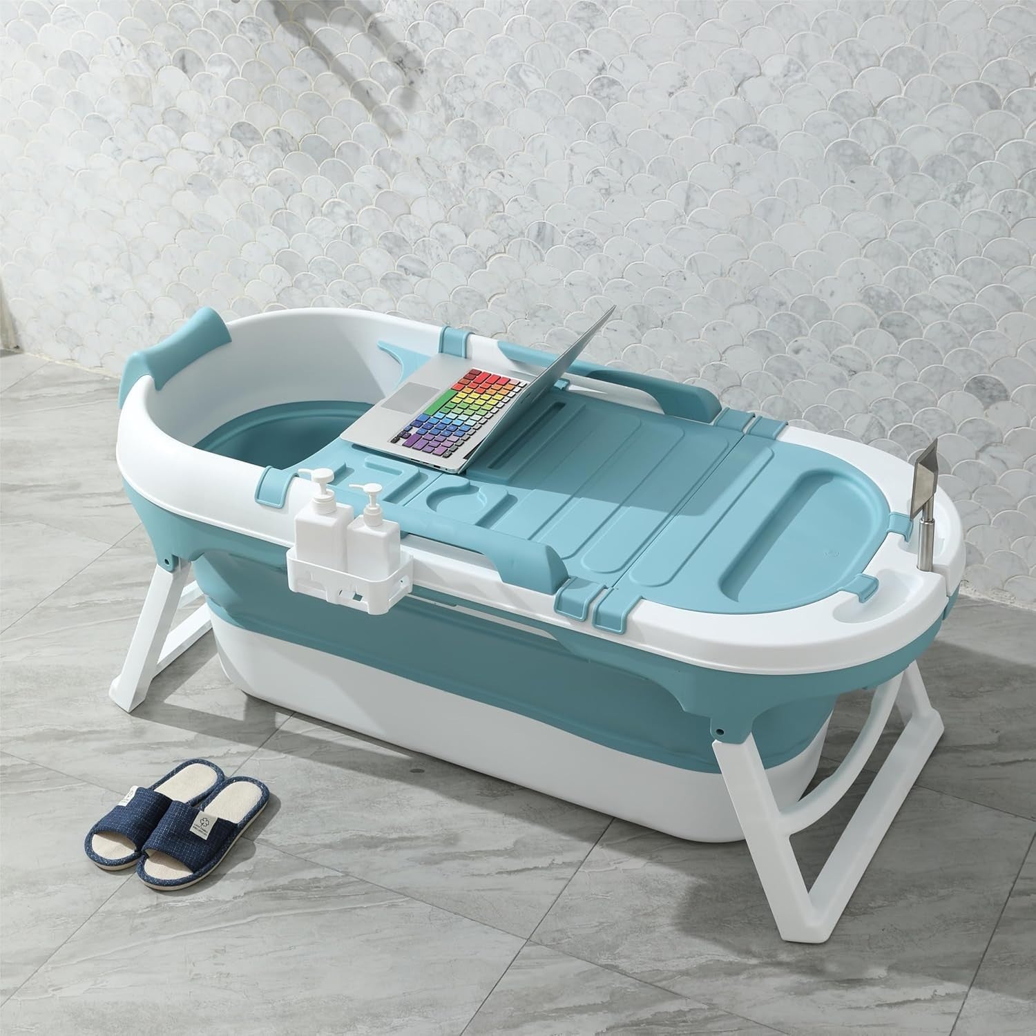 Foldable Adult Bathtub 138x64x54cm Blue Portable Spa Bath with Neck Pillow - Kwikley