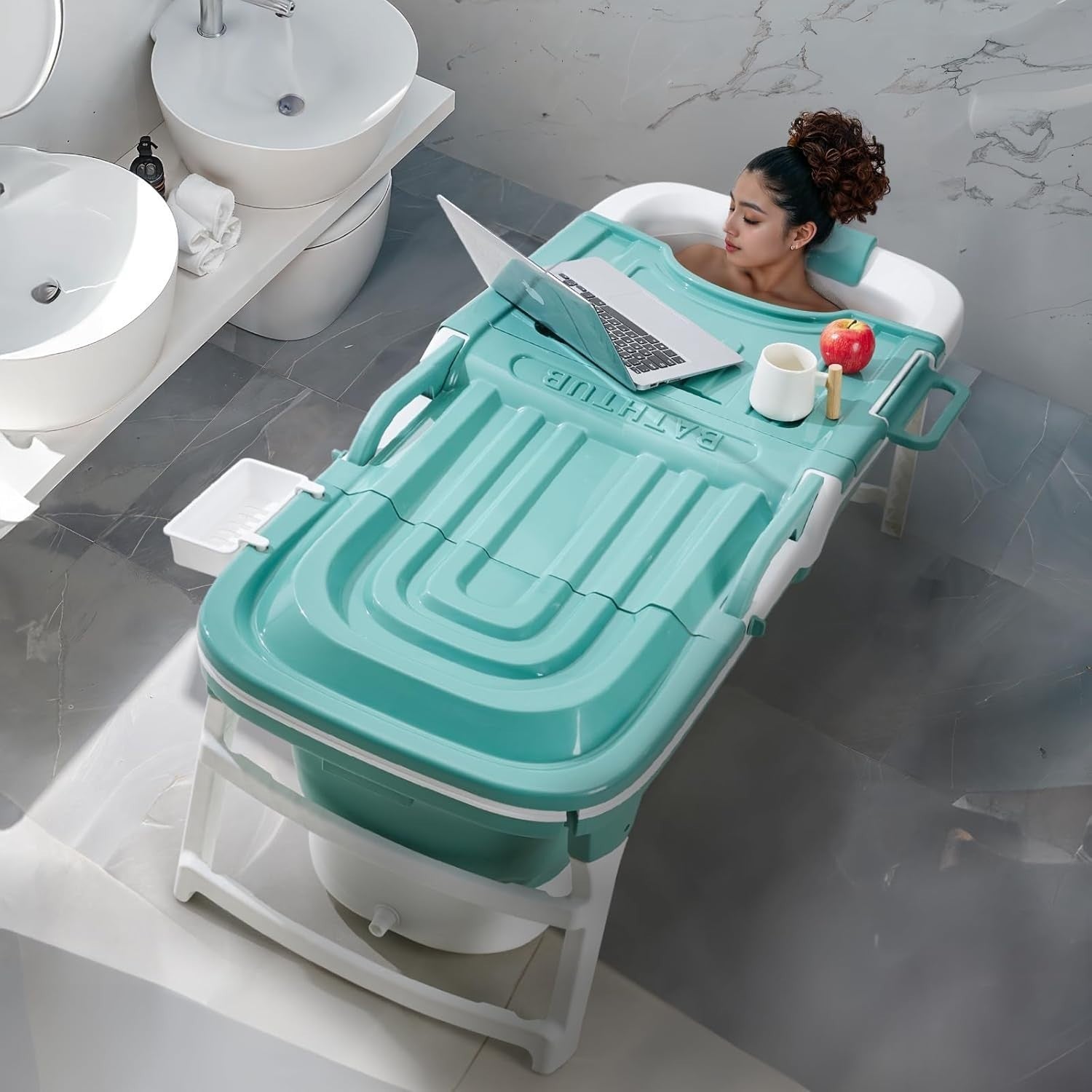 Foldable Adult Bathtub 152x62x54cm Portable Spa Bath with Cover – Green - Kwikley