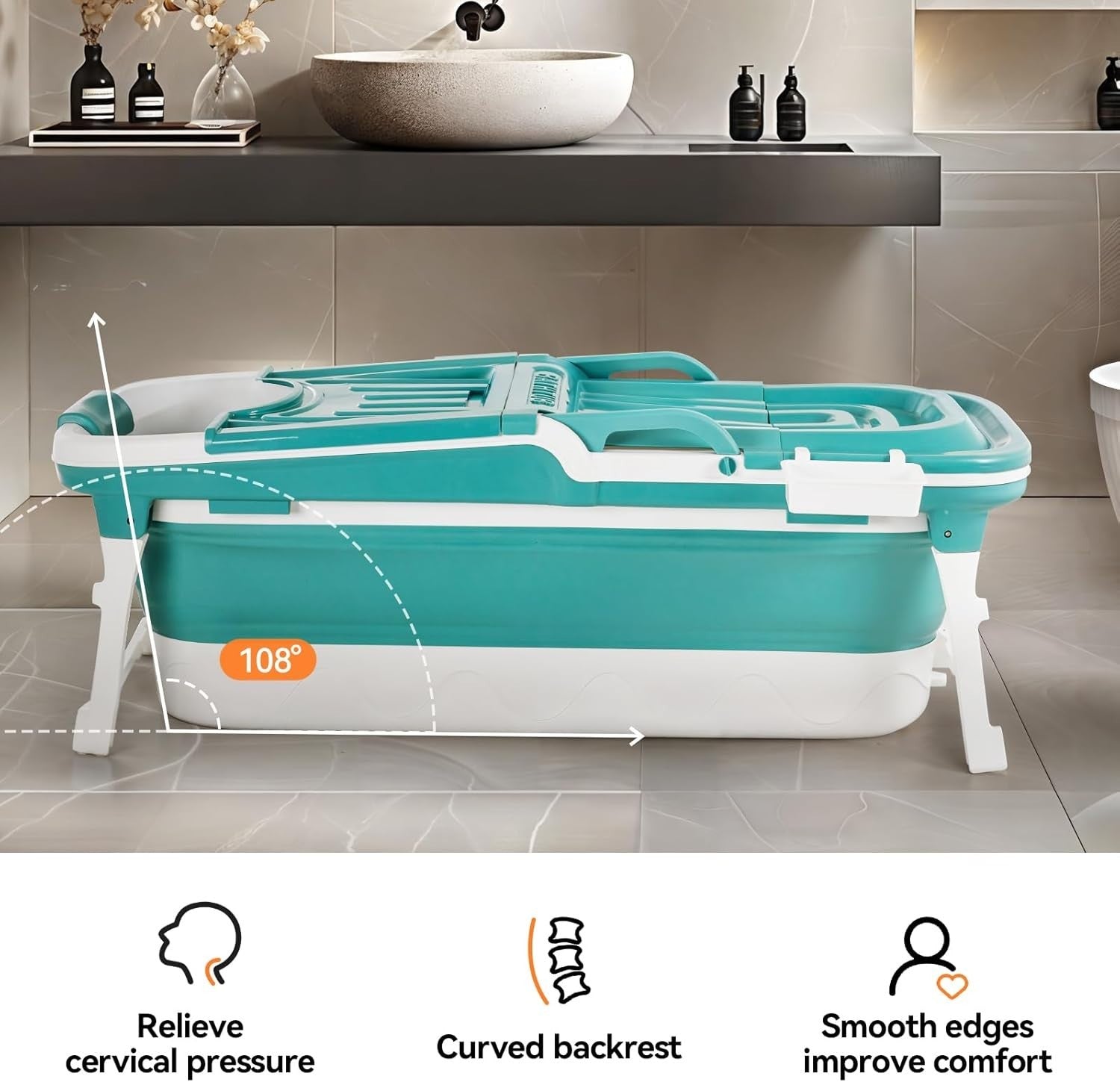 Foldable Adult Bathtub 152x62x54cm Portable Spa Bath with Cover – Green - Kwikley