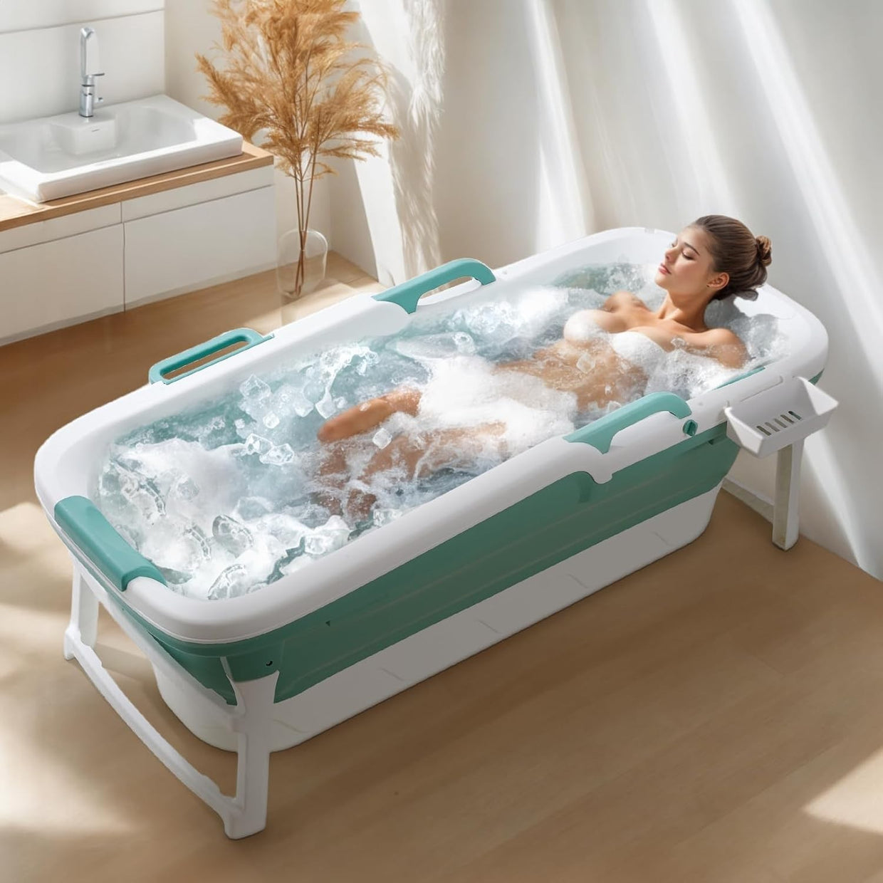 Foldable Adult Bathtub 152x62x54cm Portable Spa Bath with Cover – Green - Kwikley