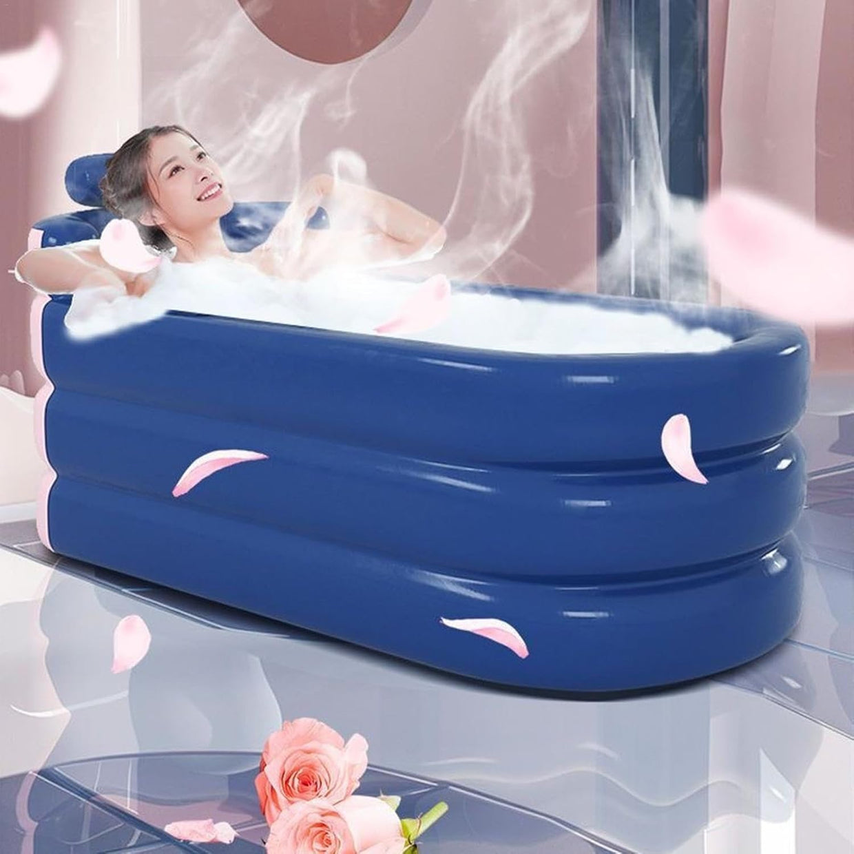 Foldable Adult Bathtub Hot Water Spa Tub with Headrest & Storage Pocket - Kwikley