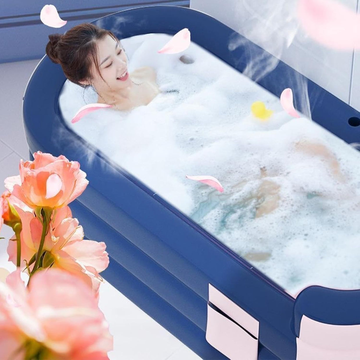 Foldable Adult Bathtub Hot Water Spa Tub with Headrest & Storage Pocket - Kwikley