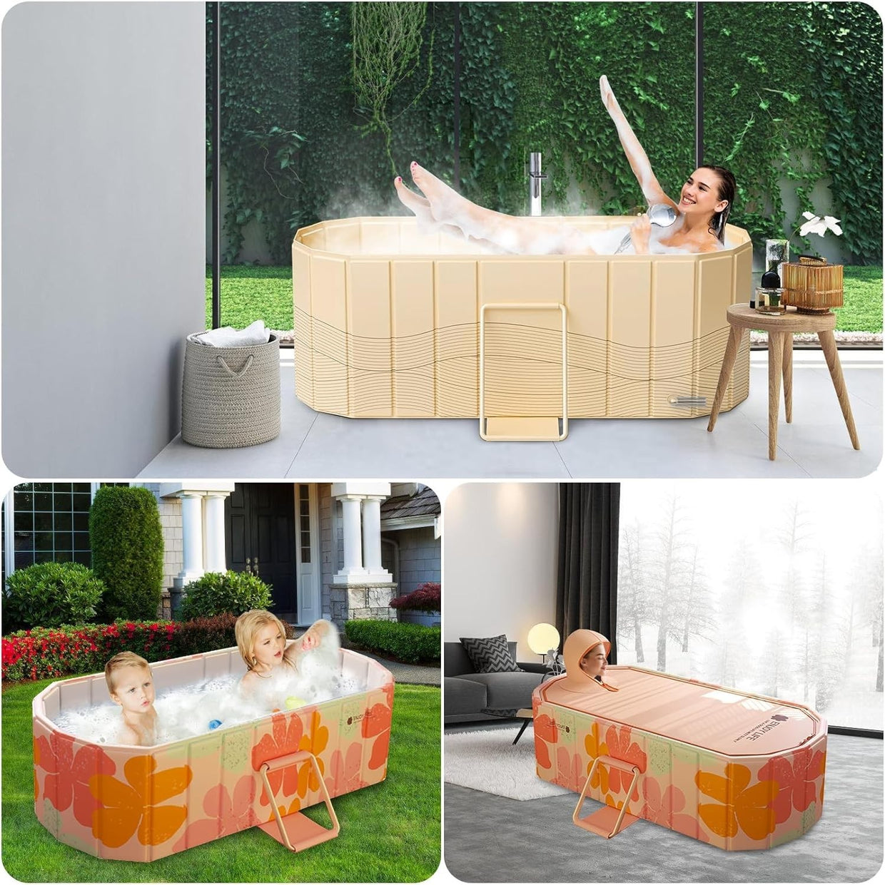 Foldable Adult Spa Bath Tub 1.5M Petal Peach Portable Deep Soaking - Kwikley