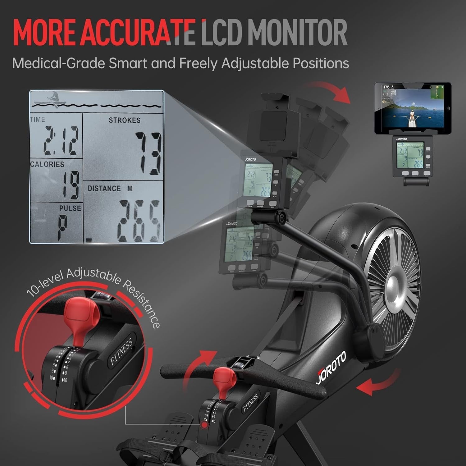 Foldable Air Magnetic Rowing Machine 10 - Level Resistance Bluetooth Smart LCD - Kwikley