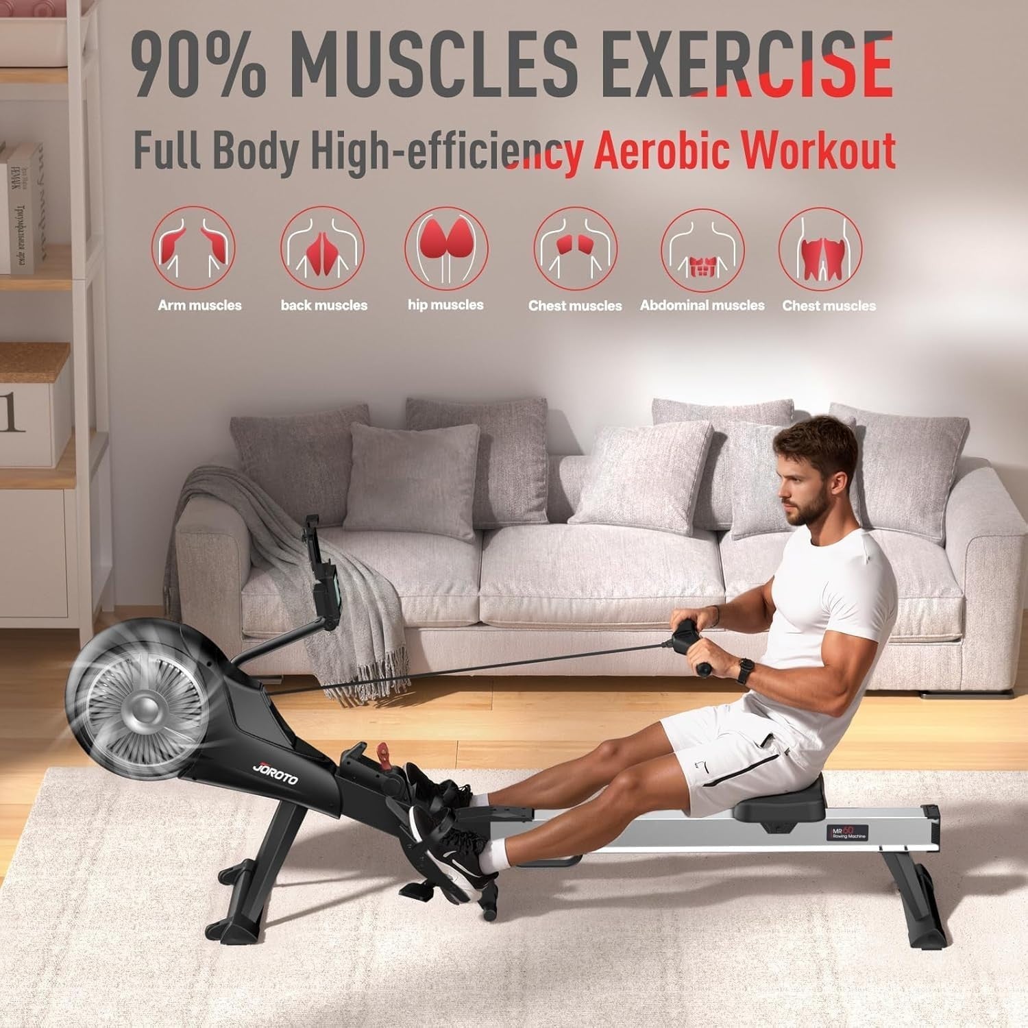 Foldable Air Magnetic Rowing Machine 10 - Level Resistance Bluetooth Smart LCD - Kwikley