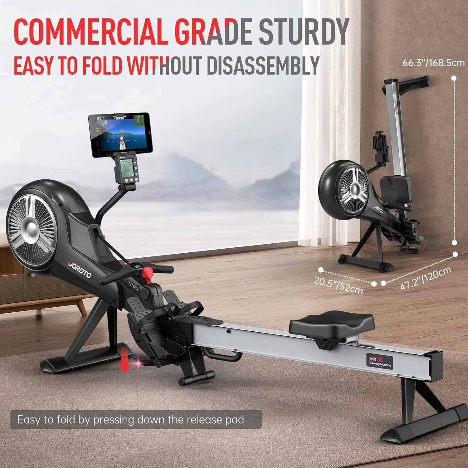 Foldable Air Magnetic Rowing Machine 10 - Level Resistance Bluetooth Smart LCD - Kwikley