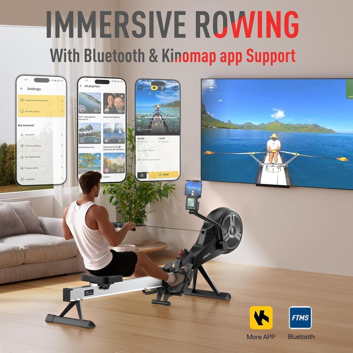 Foldable Air Magnetic Rowing Machine 10 - Level Resistance Bluetooth Smart LCD - Kwikley