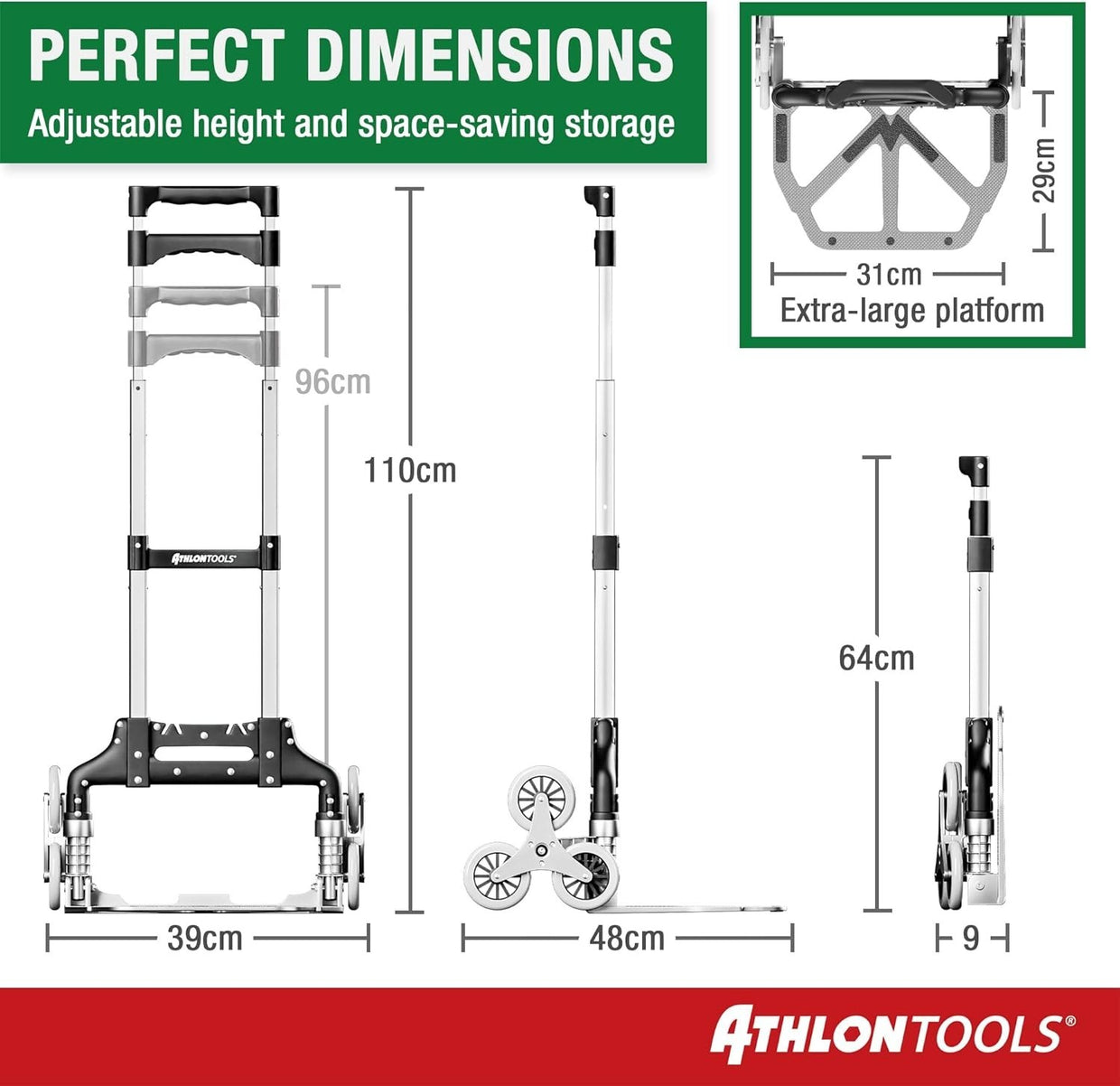 Foldable Aluminium Stair Climber Sack Truck 70kg Capacity w/ Long Handle - Kwikley