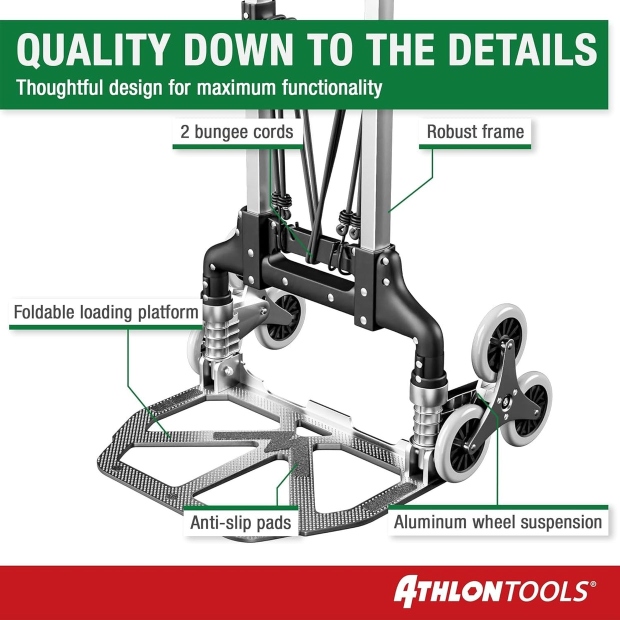 Foldable Aluminium Stair Climber Sack Truck 70kg Capacity w/ Long Handle - Kwikley