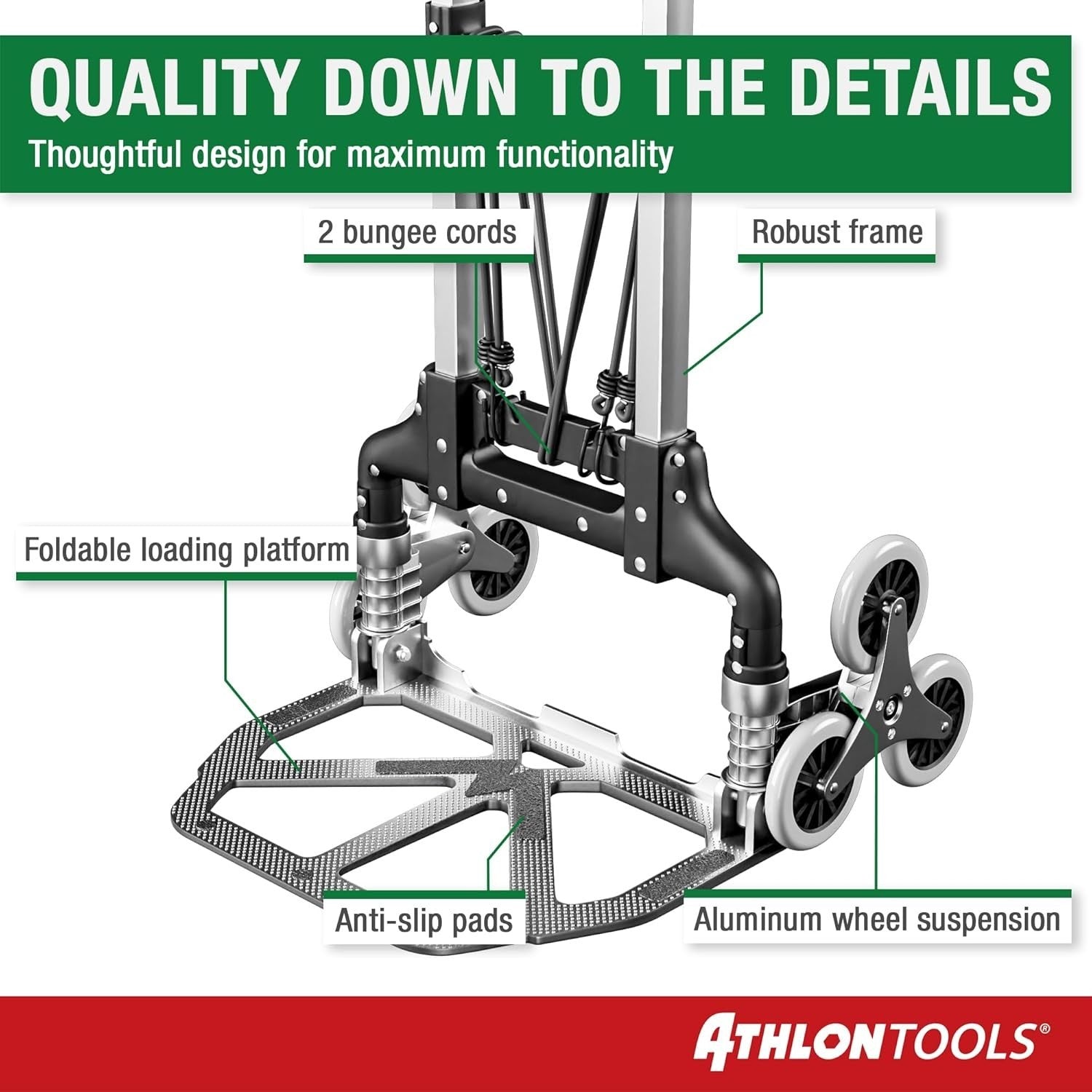 Foldable Aluminium Stair Climber Sack Truck 70kg Capacity w/ Long Handle - Kwikley