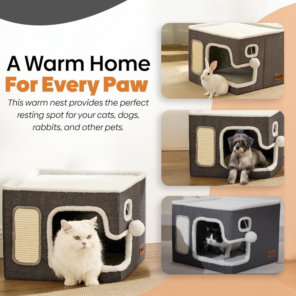 Foldable Cat Cube Bed House Scratcher Cave Hideaway Indoor Pet Condo - Kwikley