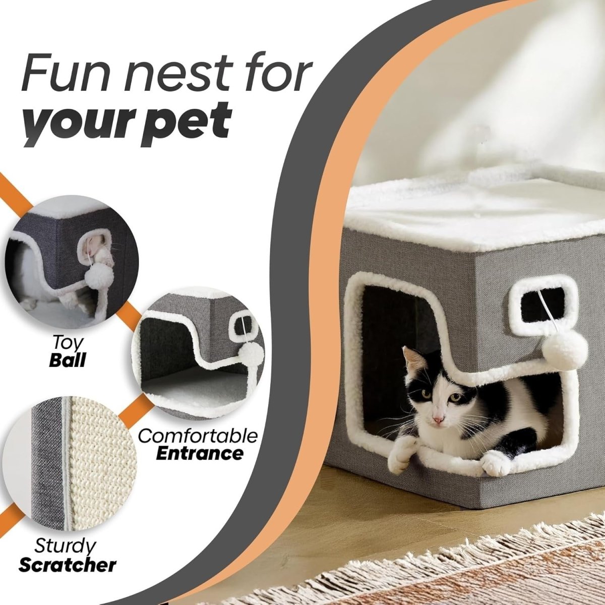 Foldable Cat Cube Bed House Scratcher Cave Hideaway Indoor Pet Condo - Kwikley
