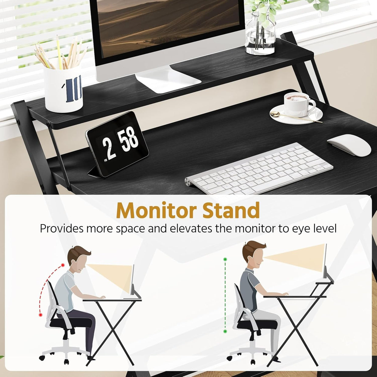 Foldable Computer Desk Small Space with Monitor Stand 80cm Black - Kwikley