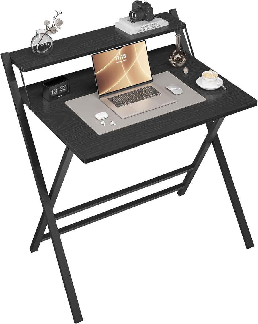 Foldable Computer Desk Small Space with Monitor Stand 80cm Black - Kwikley