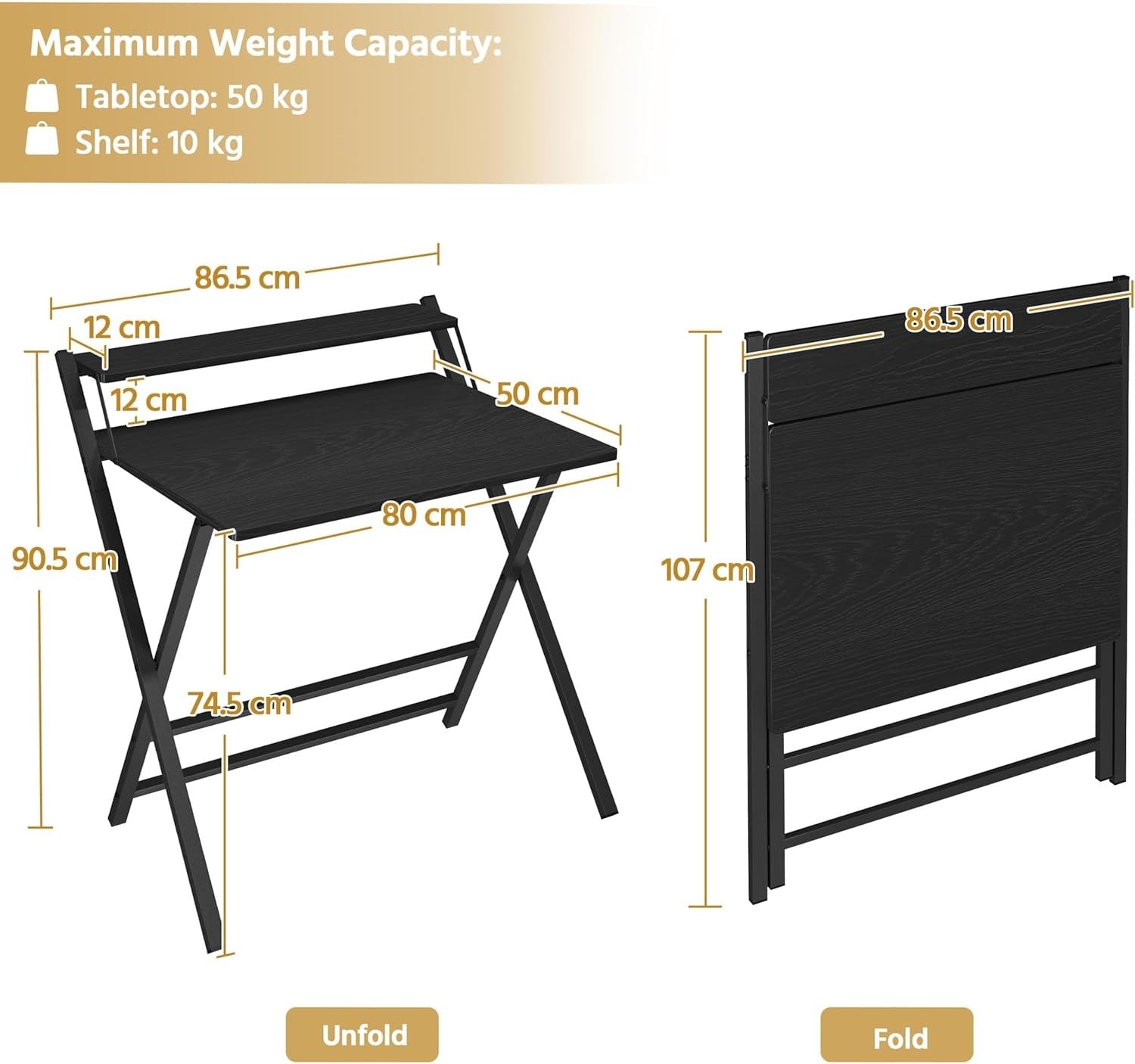 Foldable Computer Desk Small Space with Monitor Stand 80cm Black - Kwikley