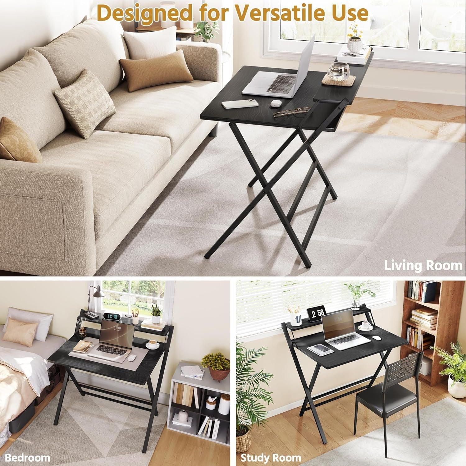 Foldable Computer Desk Small Space with Monitor Stand 80cm Black - Kwikley